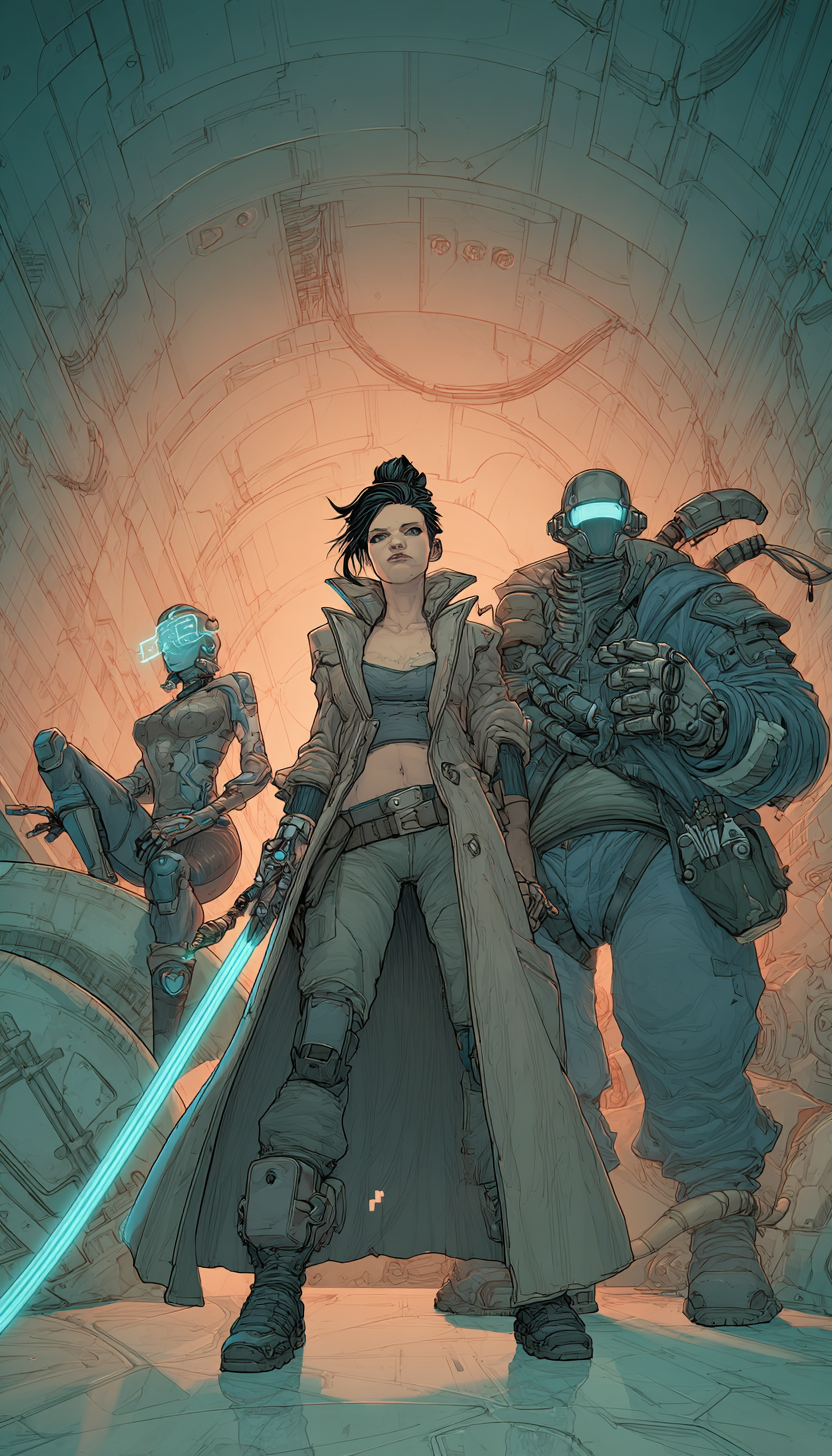 Carbon Shadow — Three operatives in a Node-7 corridor